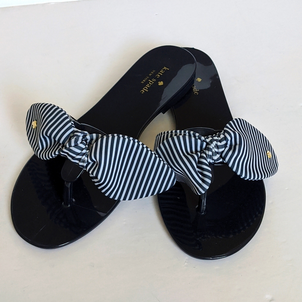 KATE SPADE Navy Blue Jelly Flip Flop Sandals Striped Fabric Bow Size 8 - Picture 15 of 15
